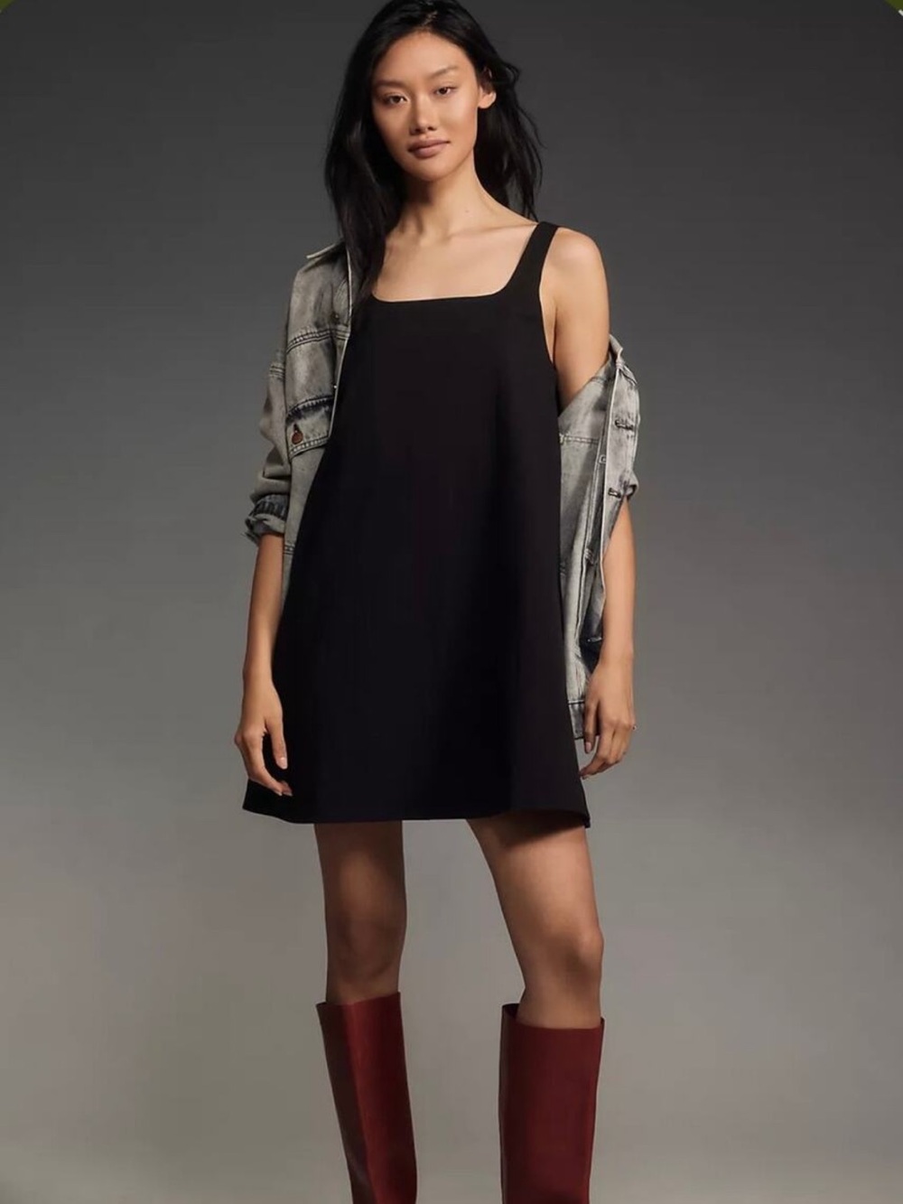 Anthropologie Dress Womens Medium Black Sleeveless Square Neck Shift Mini Pocket